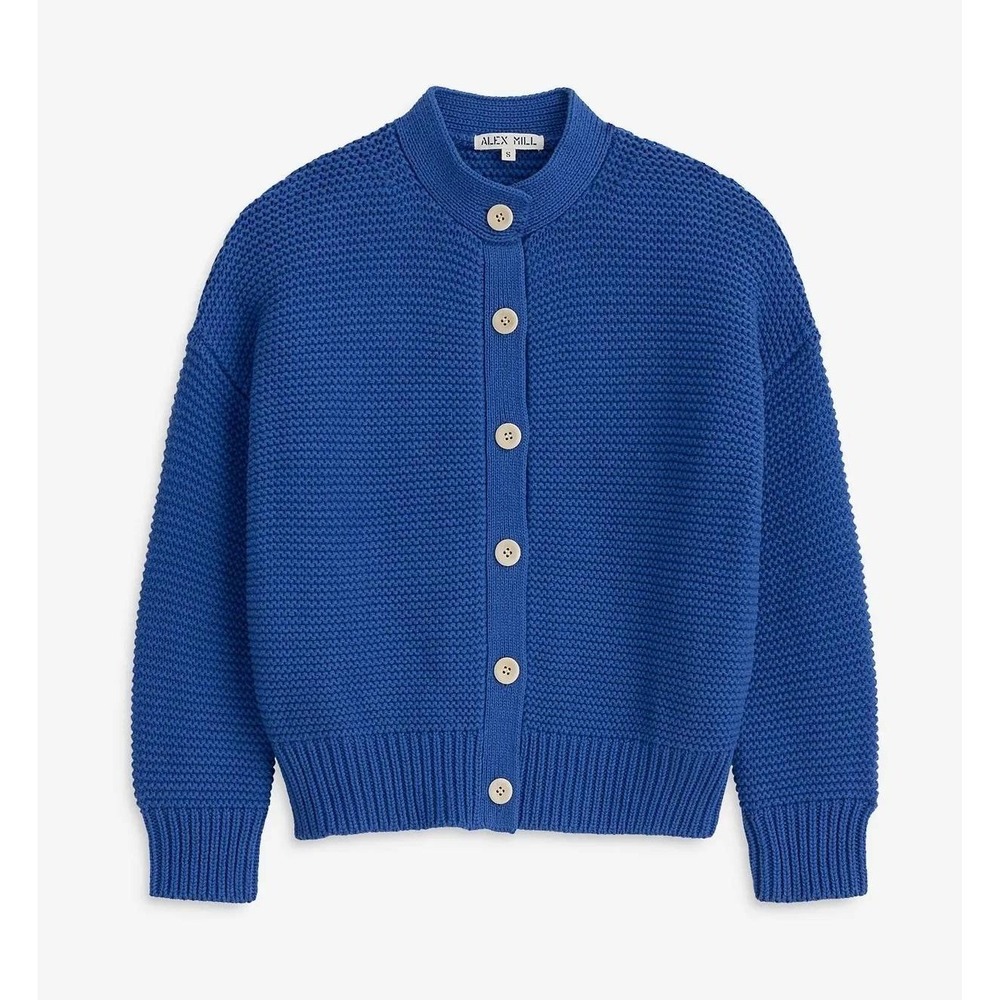 Alex Mill Blue Nico Cardigan Garter Stitch Cotton Mock Neck Sweater Womens XL